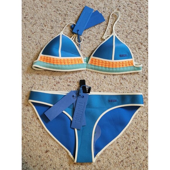 Women’s TRIANGL Retro Blue Neon Orange Neoprene Triangl Bikini Set Size S NWT - Picture 1 of 5